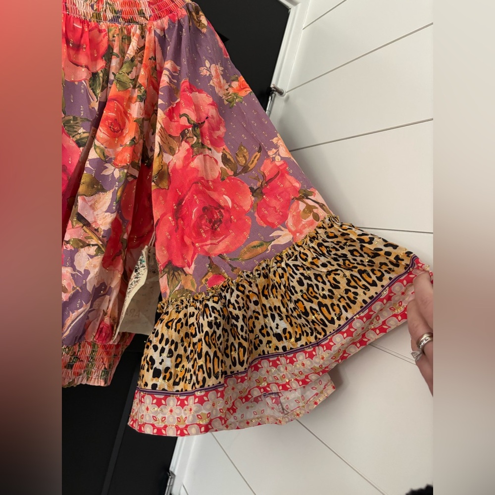 Aratta Rosaline Blouse Top Flowy Ruffle Off Shoulder Smocked Rose Floral Large - Picture 7 of 13